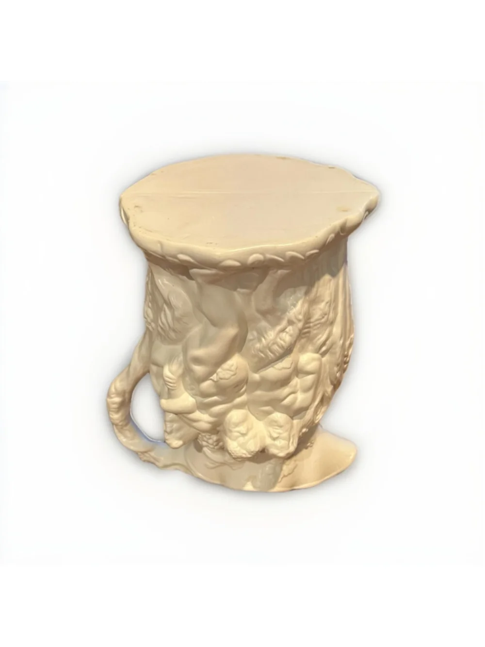 Vintage Cream White Ceramic Cherub Pitcher | Bacchanalian Putti Relief Vase Jug